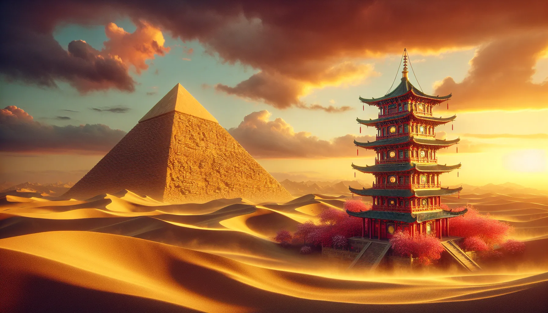 A pyramid and a pagoda depicted side by side in their unique natural settings.
