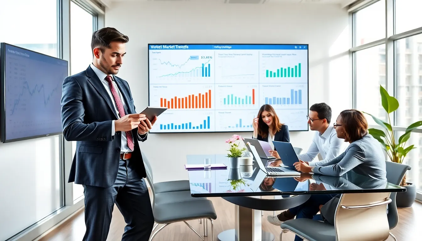 real estate professionals discussing market trends in a modern office.