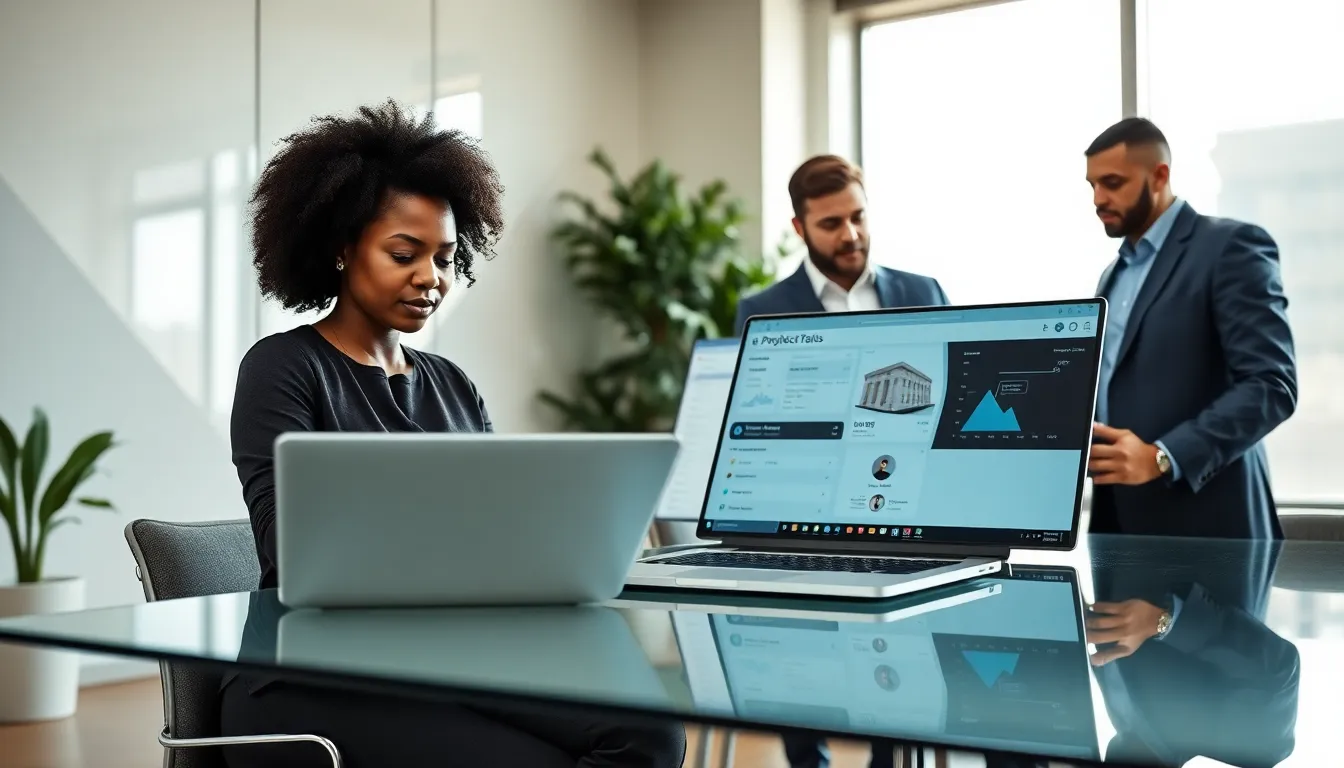 professionals collaborating in a modern office with digital tools.