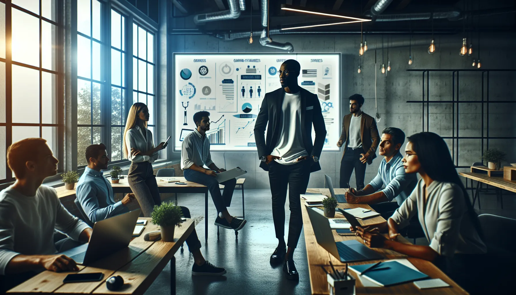 diverse professionals brainstorming in a modern office setting.