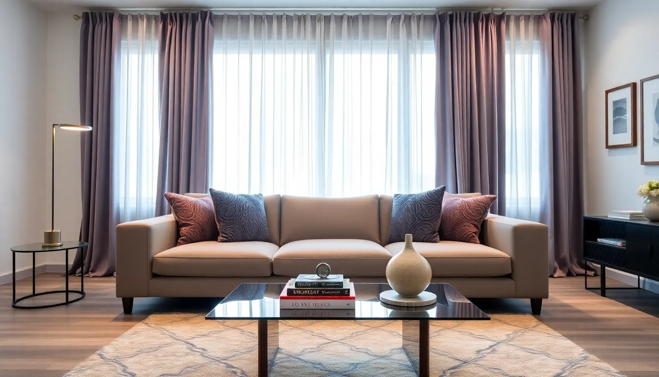 Elegant living room with Dusk By Design decor curtains.