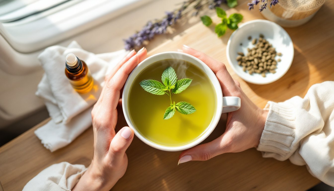 Woman inhaling steam from a peppermint tea cup beside essential oil, fennel, and cardamom.