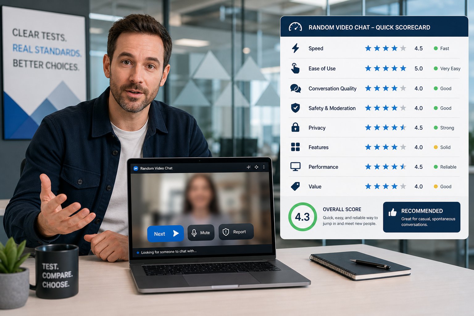 Reviewer evaluating a random video chat platform with a criteria dashboard.