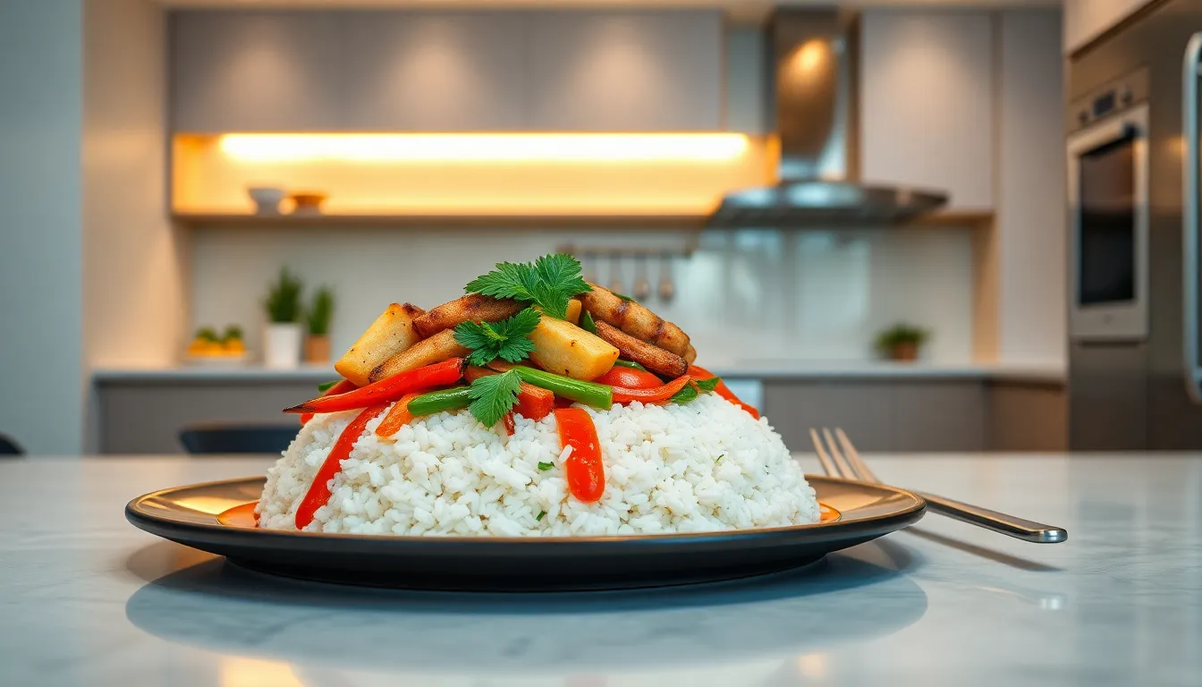 A colorful plate of buckocky with vegetables and protein in a modern kitchen.