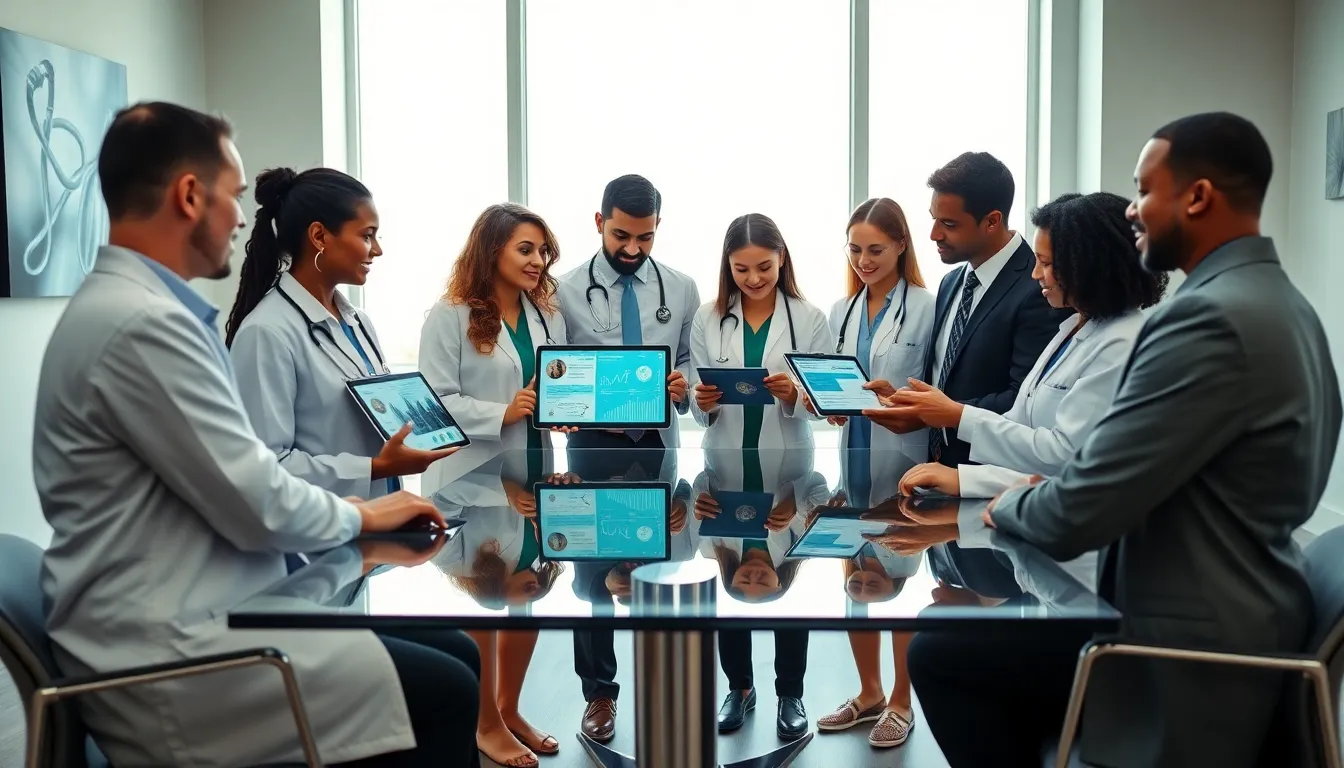 diverse healthcare team collaborating in a modern clinic setting.