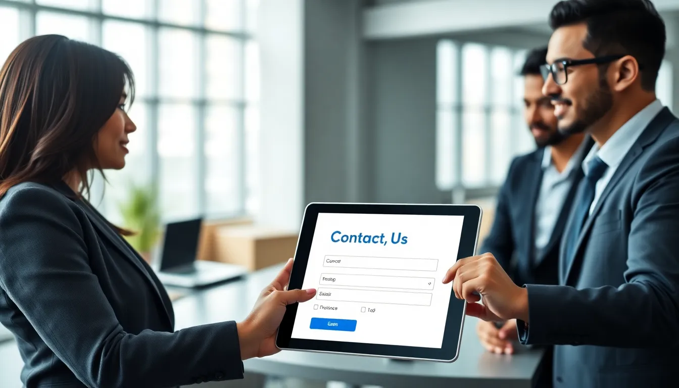 diverse team discussing a modern contact us form in an office setting.