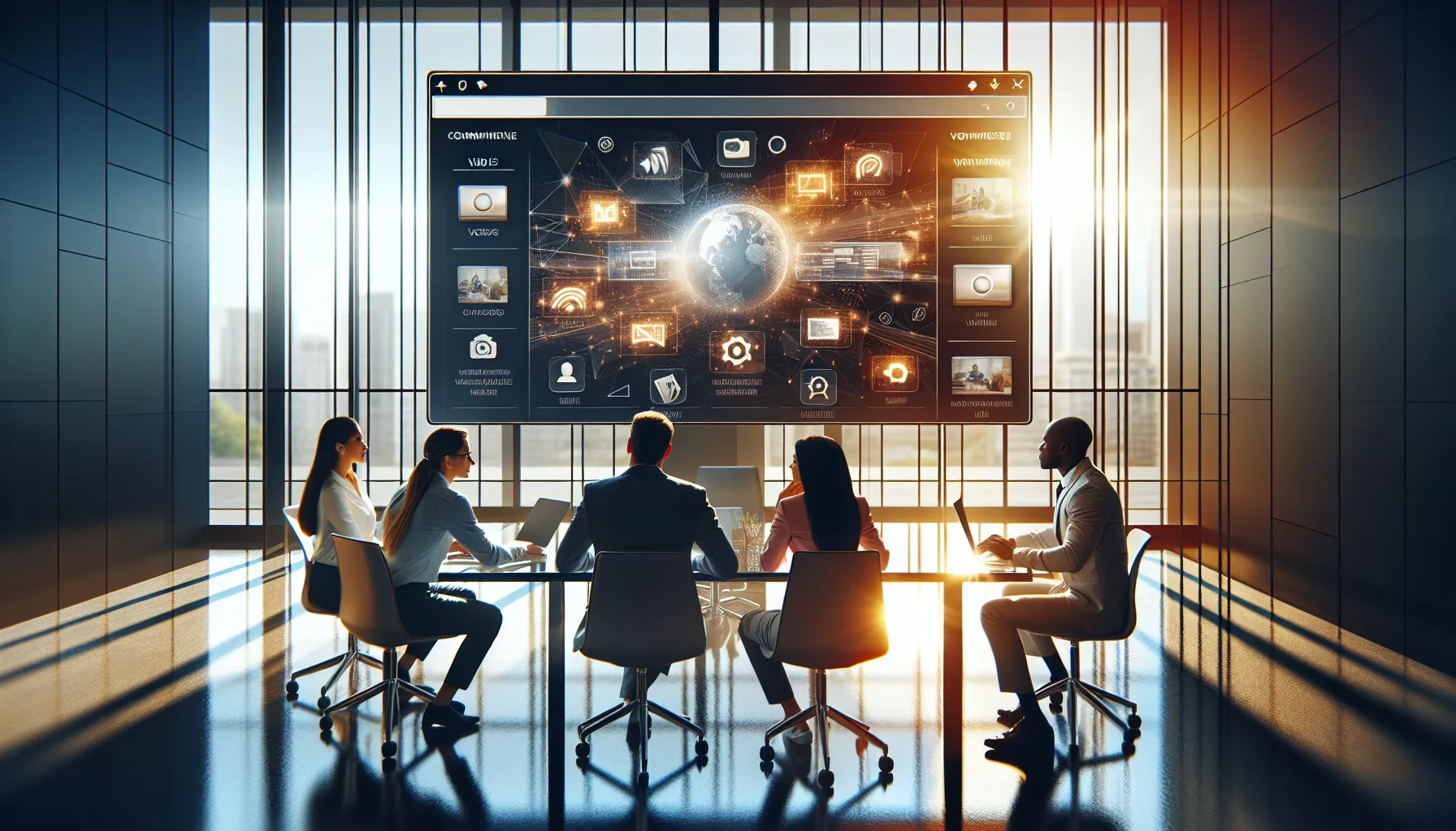 Professionals discussing a user-friendly website in a modern office.