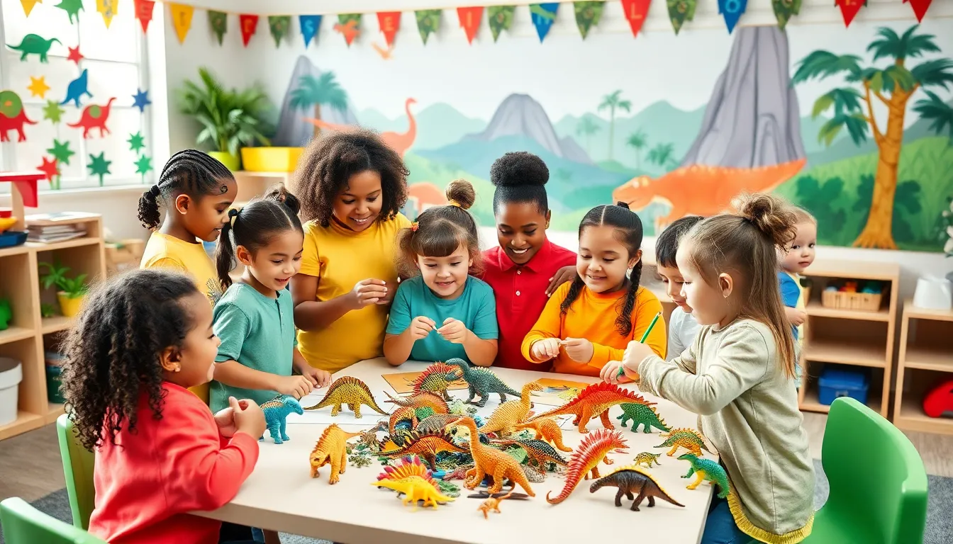 preschoolers engaged in fun dinosaur activities in a colorful classroom.