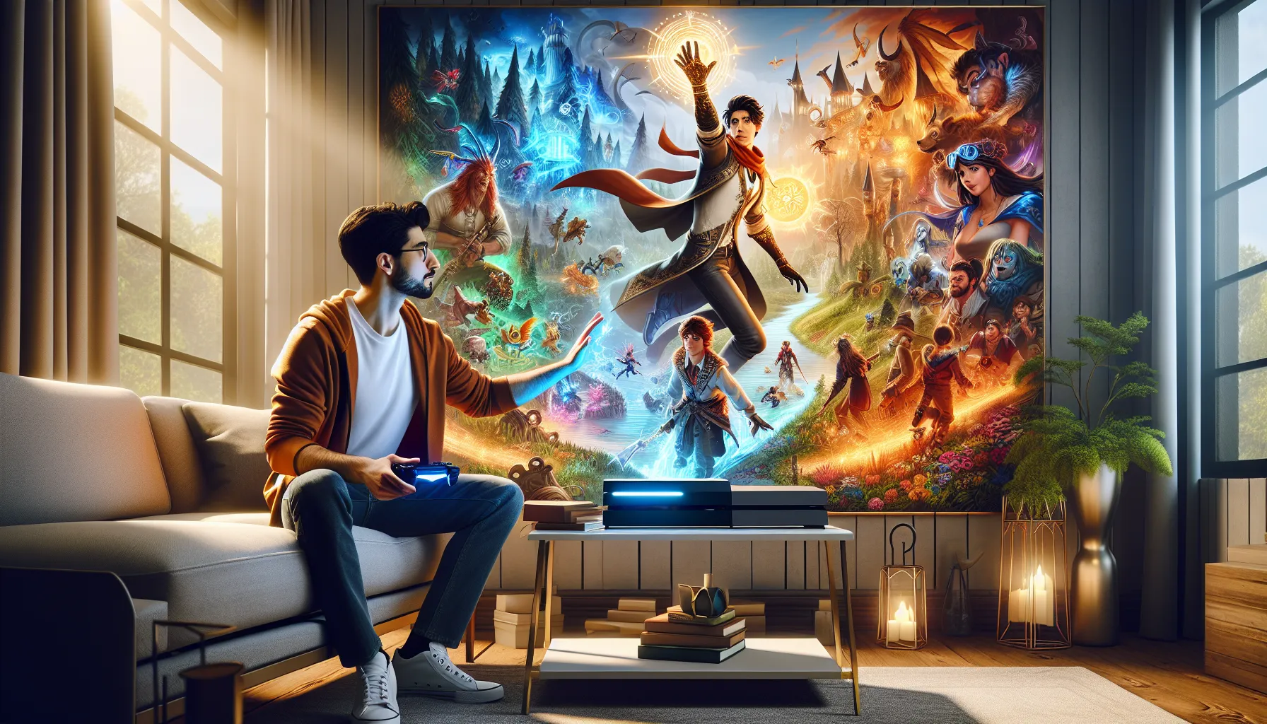 a player enjoying the vibrant adventure game Zhimbom in a modern home setting.