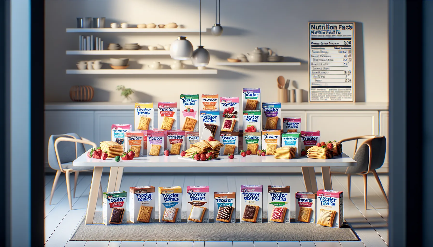 Assorted Pop-Tarts flavors with nutrition facts in a modern kitchen setting.