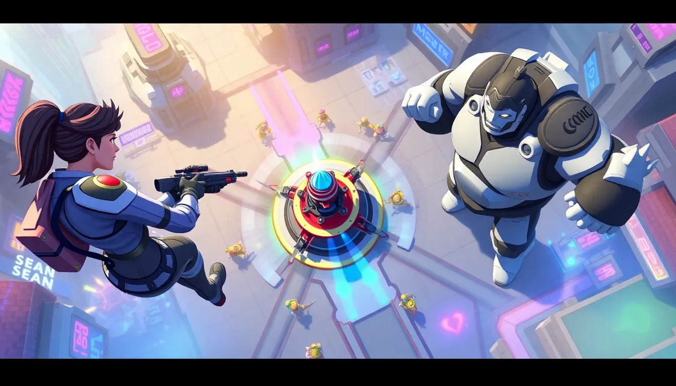 diverse team strategizing in a dynamic Overwatch MOBA battlefield.