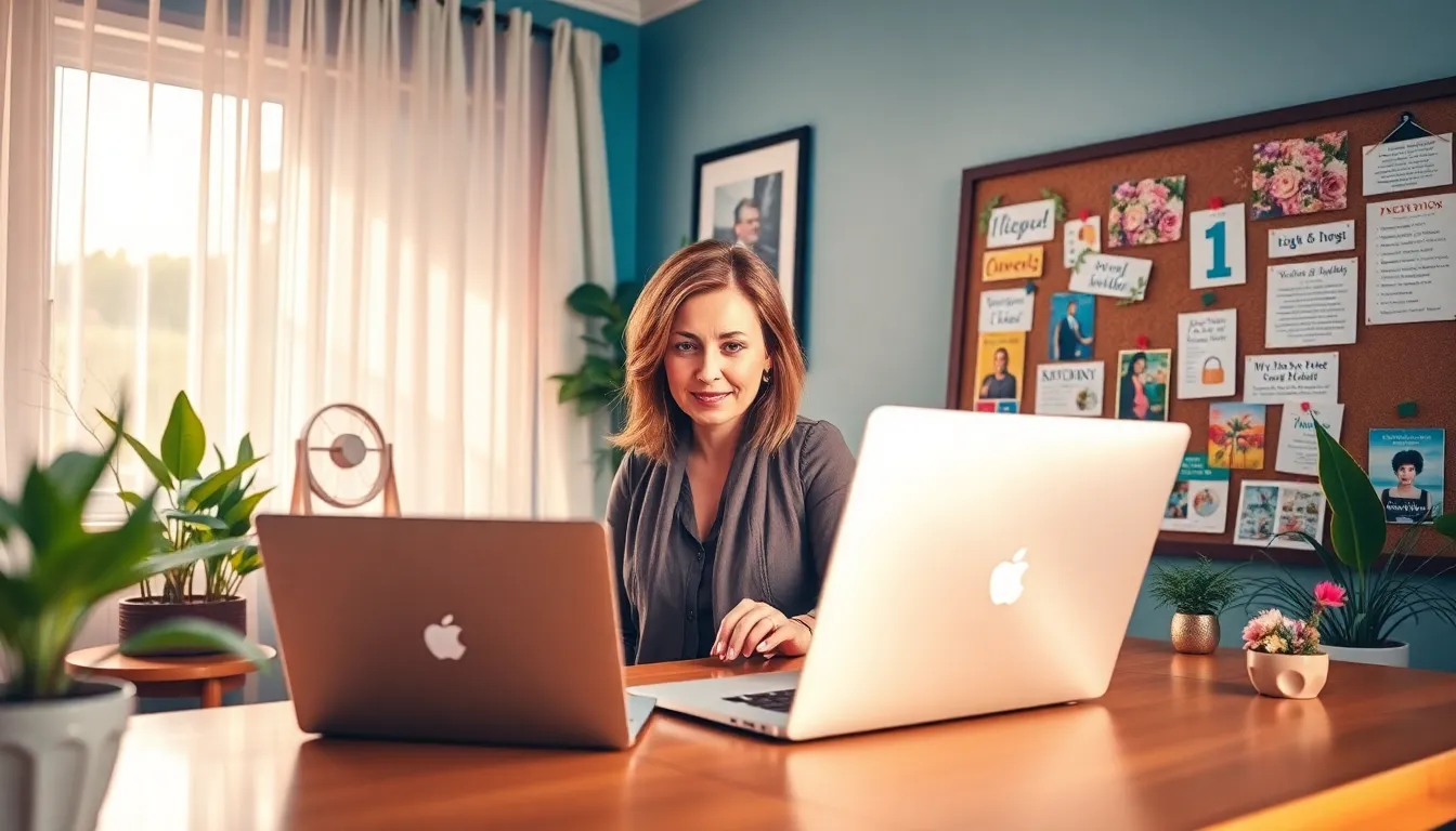 a woman blogging about event planning in a bright home office.