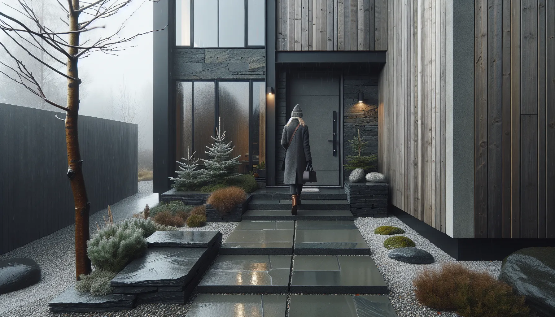 Hvordan bruke stein for å skape et unikt inngangsparti 3 Textured granite steps and concrete paver walkway at a modern norwegian entrance.