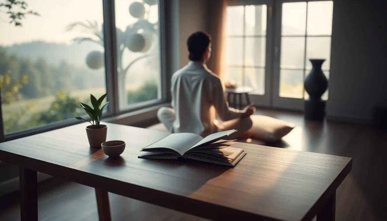 individual in a serene, minimalist workspace practicing ascetic lifestyle.