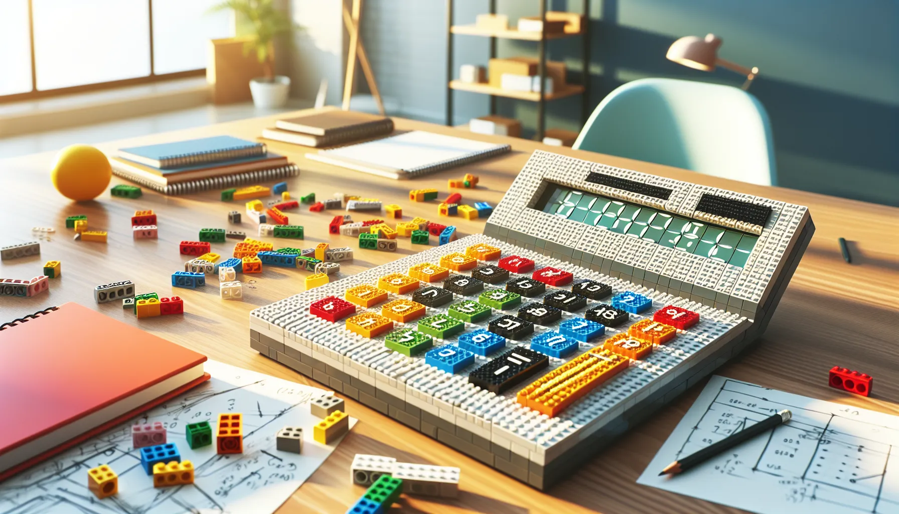 colorful Lego calculator on a modern desk.