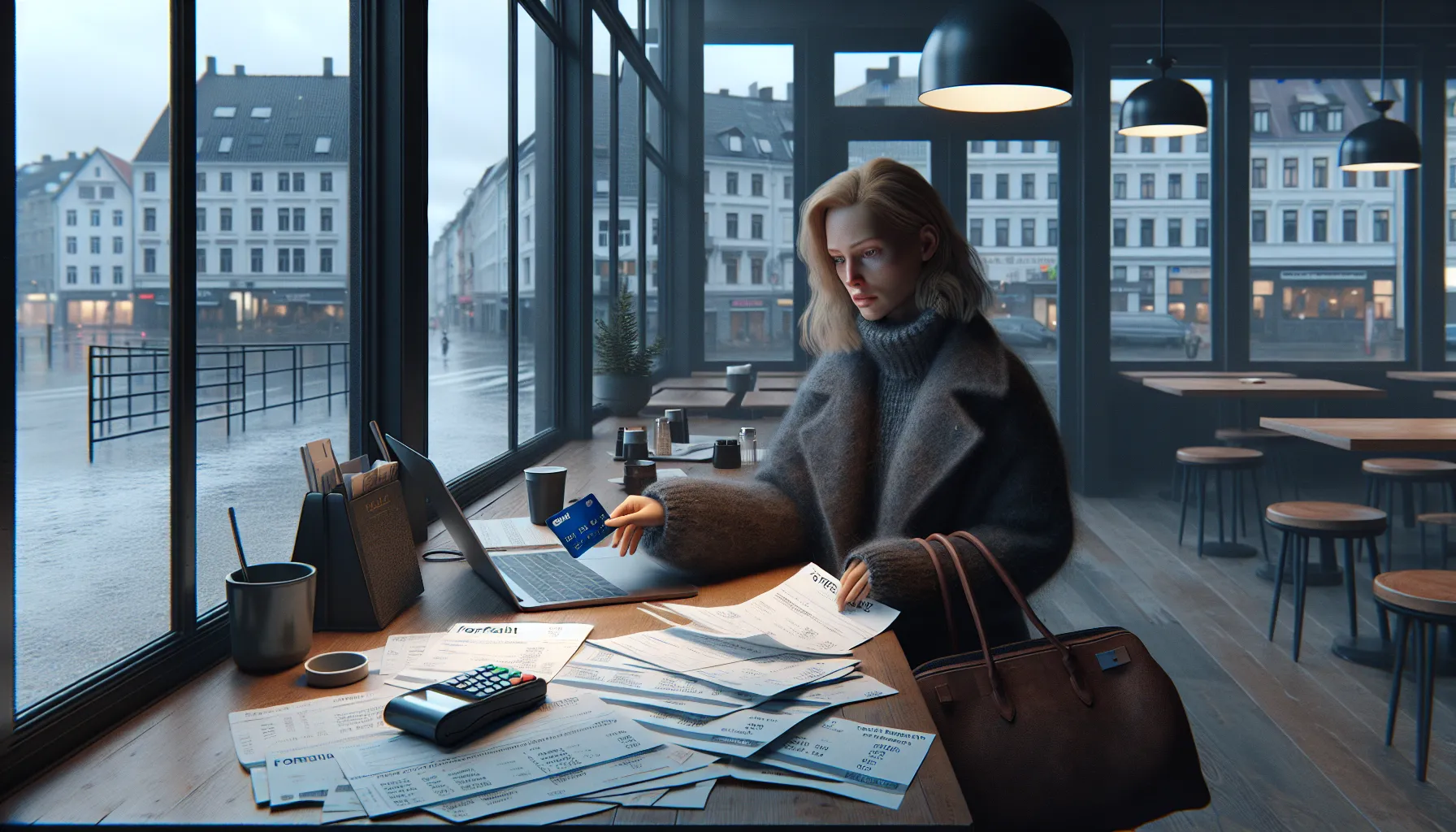 Young woman in norwegian café worriedly reviewing mounting credit card bills while paying.