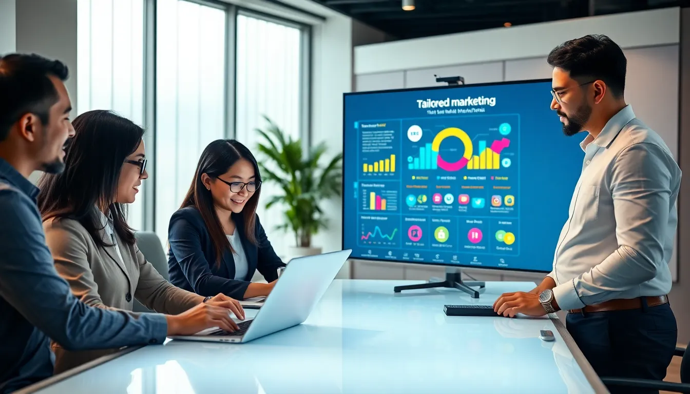 diverse marketing team strategizing in a modern office setting.