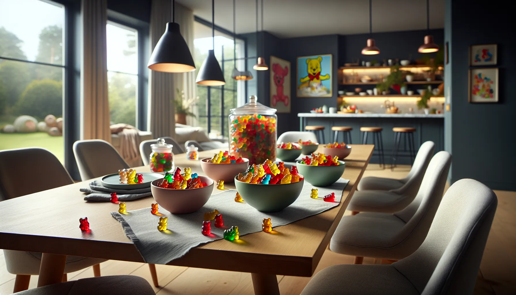 Colorful bowls of Haribo gummy bears on a modern dining table.