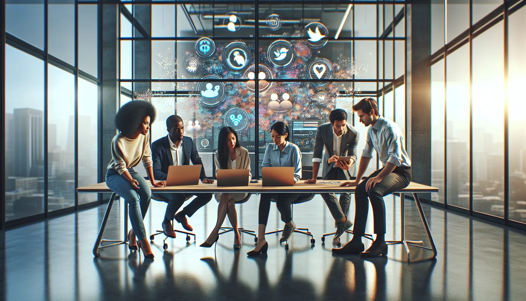 diverse team discussing social media in a modern office.