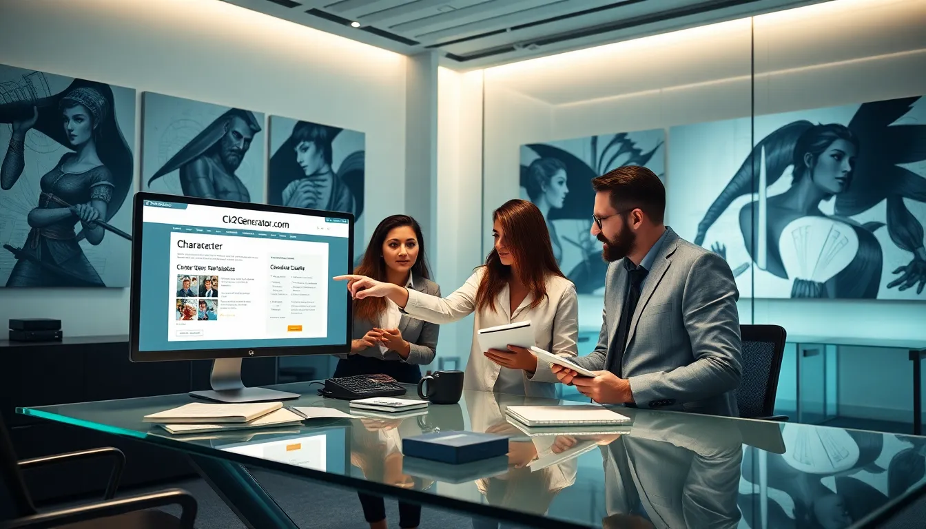 professionals collaborating over a character creation website in a modern office.