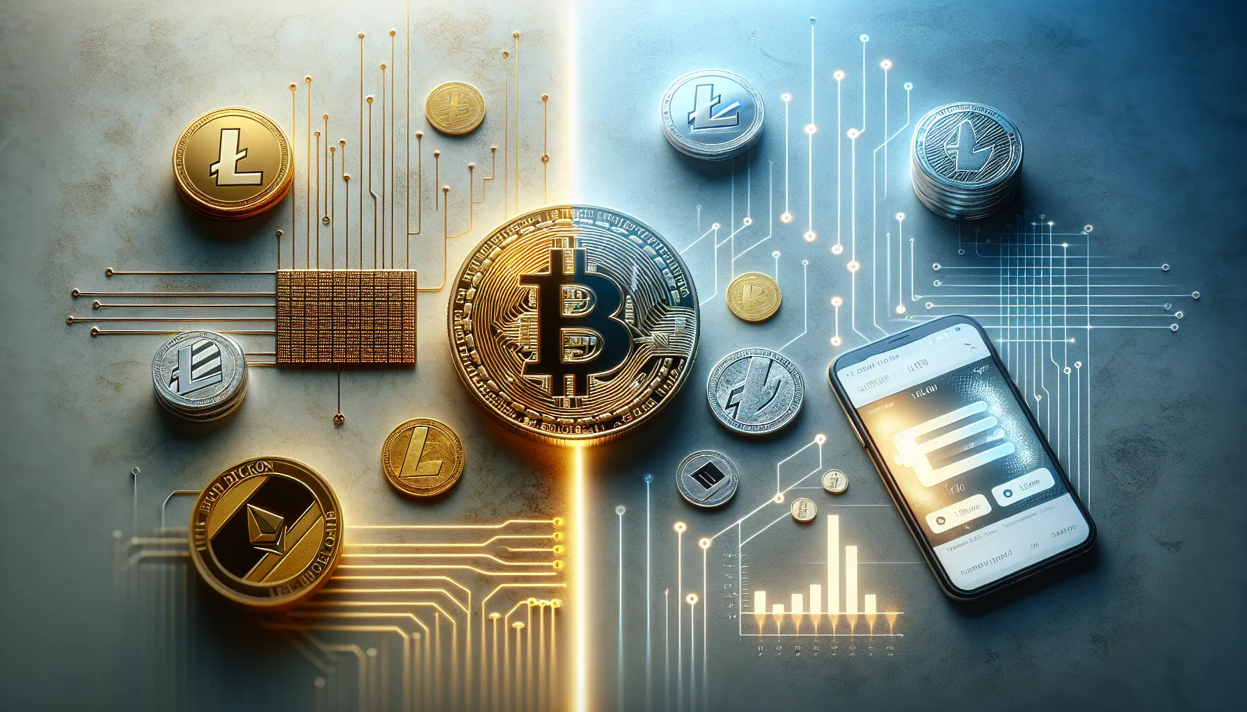 Bitcoin and Litecoin coins side by side representing gold and silver comparison.