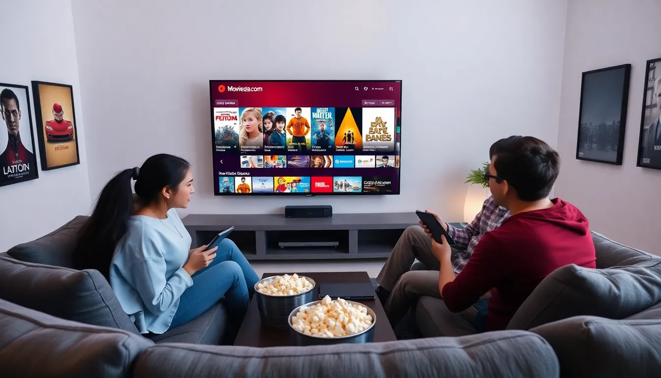 diverse group exploring Moviesda3.com on multiple devices in a cozy living room.