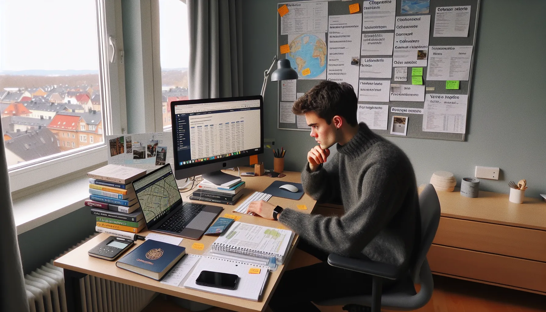 Norwegian student planning study abroad with course lists, budget, visas, and maps.