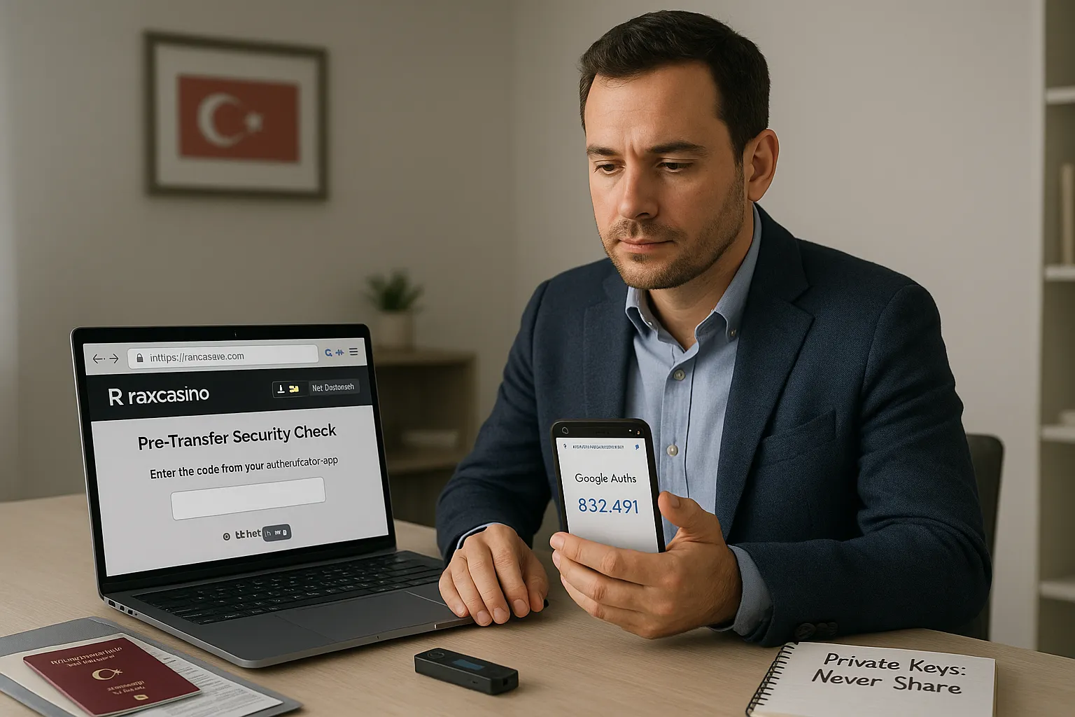 User at laptop with 2FA app, ID documents, and hardware wallet on desk.