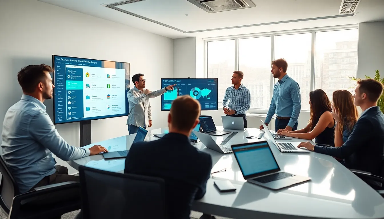 IT team discussing file integrity monitoring software in a modern office.