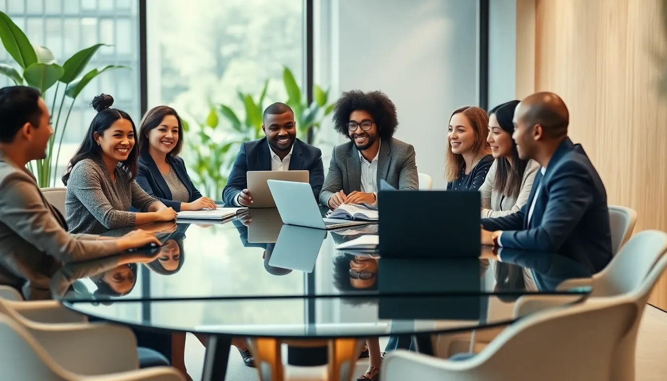 diverse professionals discussing wellness concepts in a modern office.