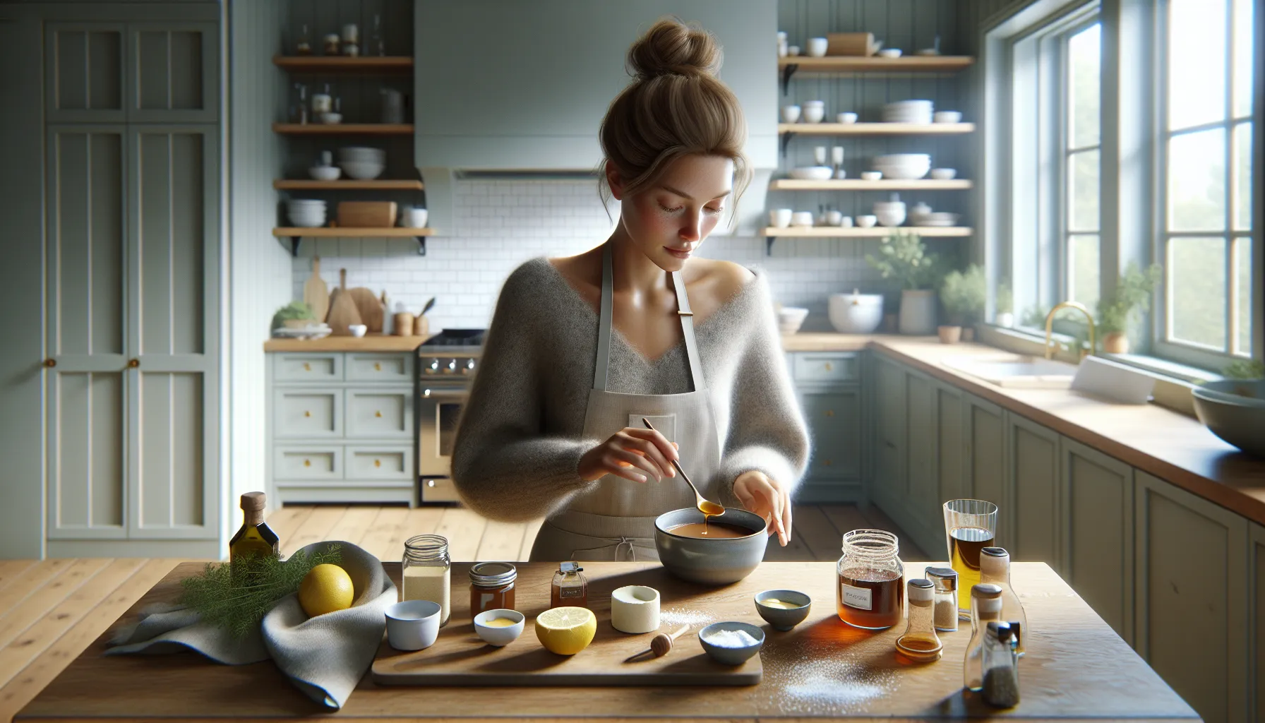 Slik lager du sauser og dressinger som løfter enhver rett 1 Norwegian home cook balancing flavors while making sauce and vinaigrette in kitchen.