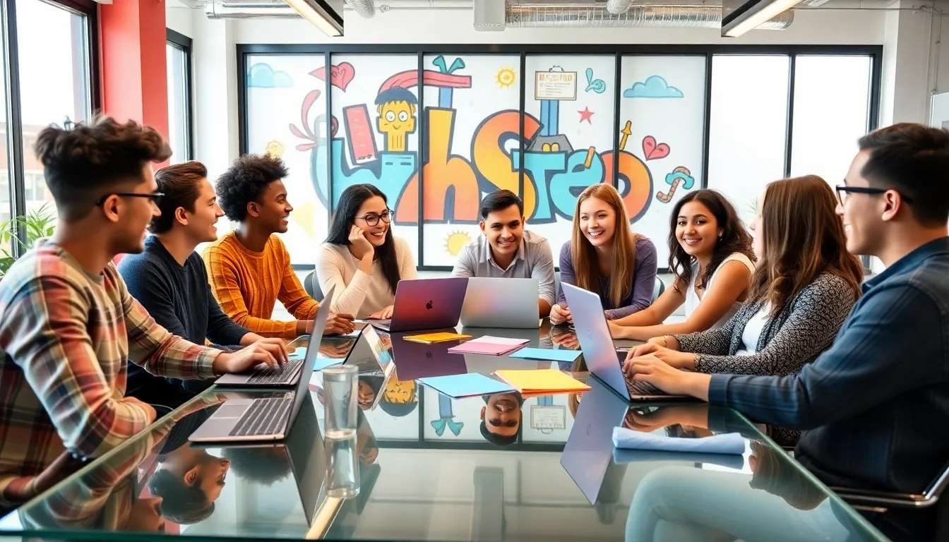diverse group brainstorming around a modern workspace table.