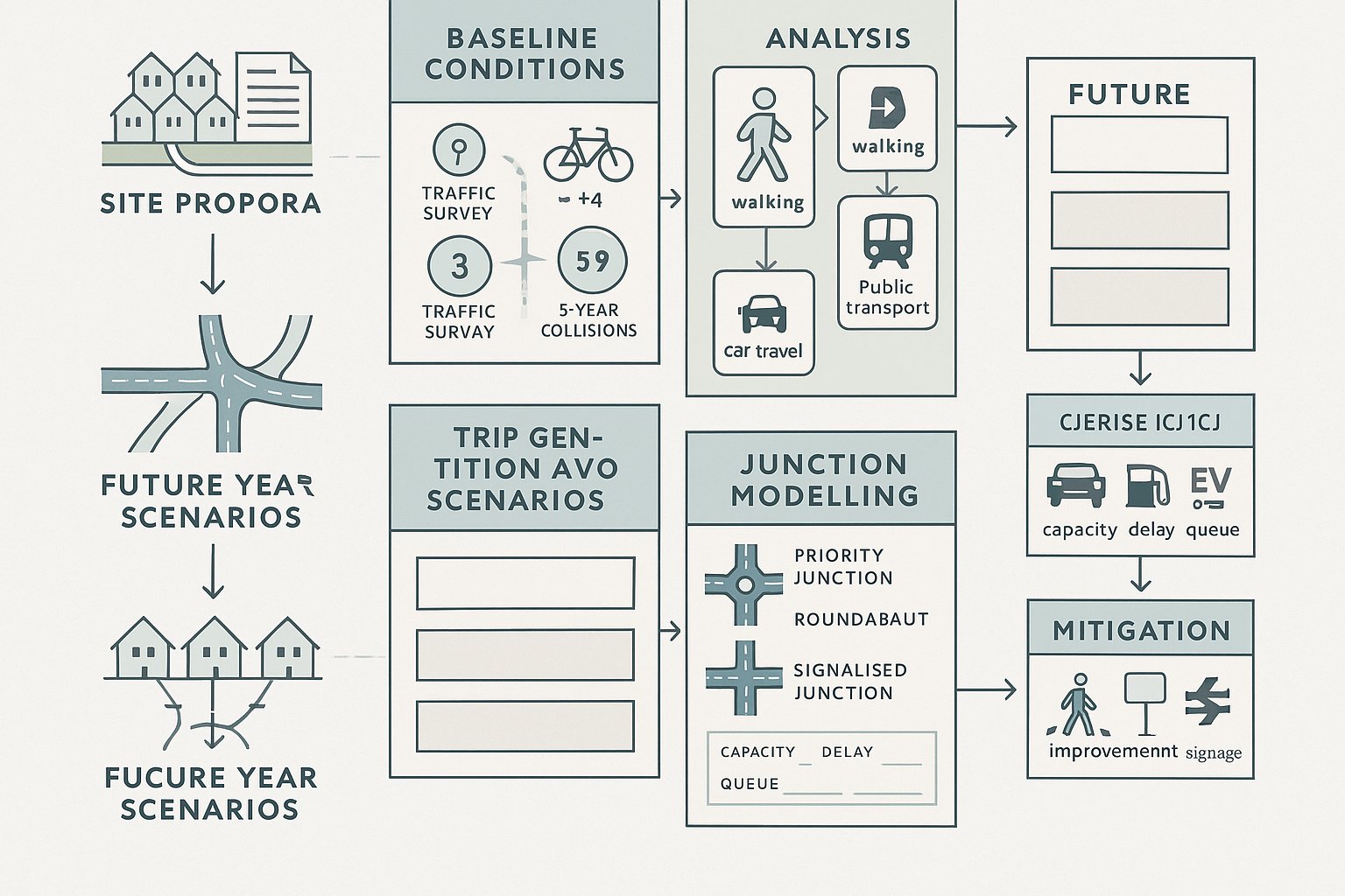 infographic showing stages of a residential transport assessment for a housing scheme.