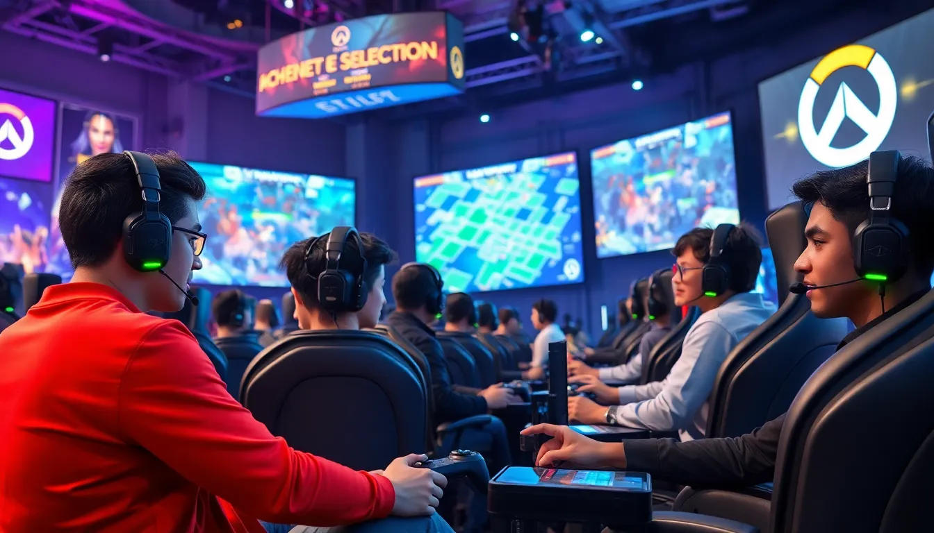 diverse gamers competing in a brightly lit e-sports arena.
