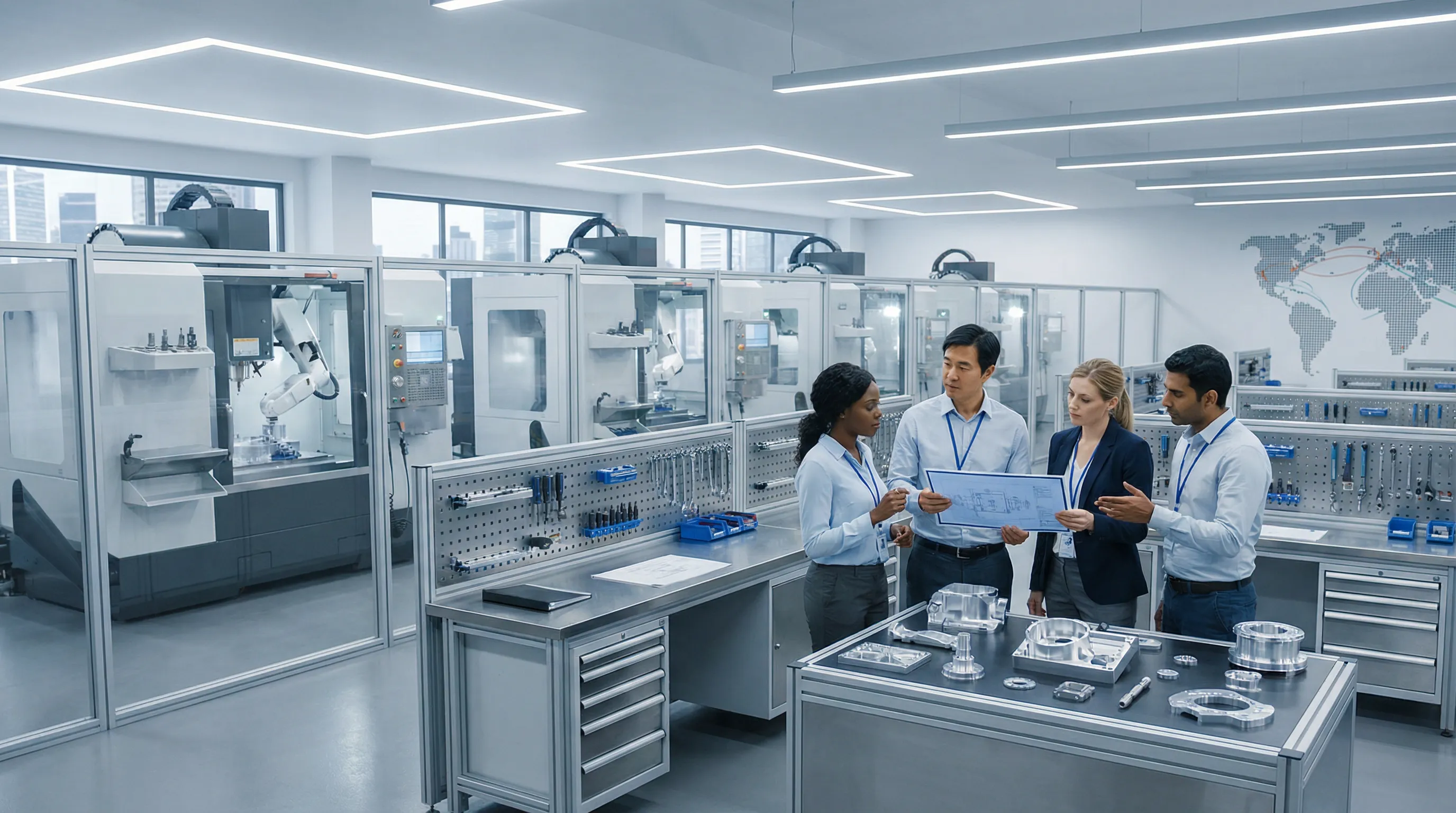 Engineers examining aluminum parts in a modern CNC machining facility.
