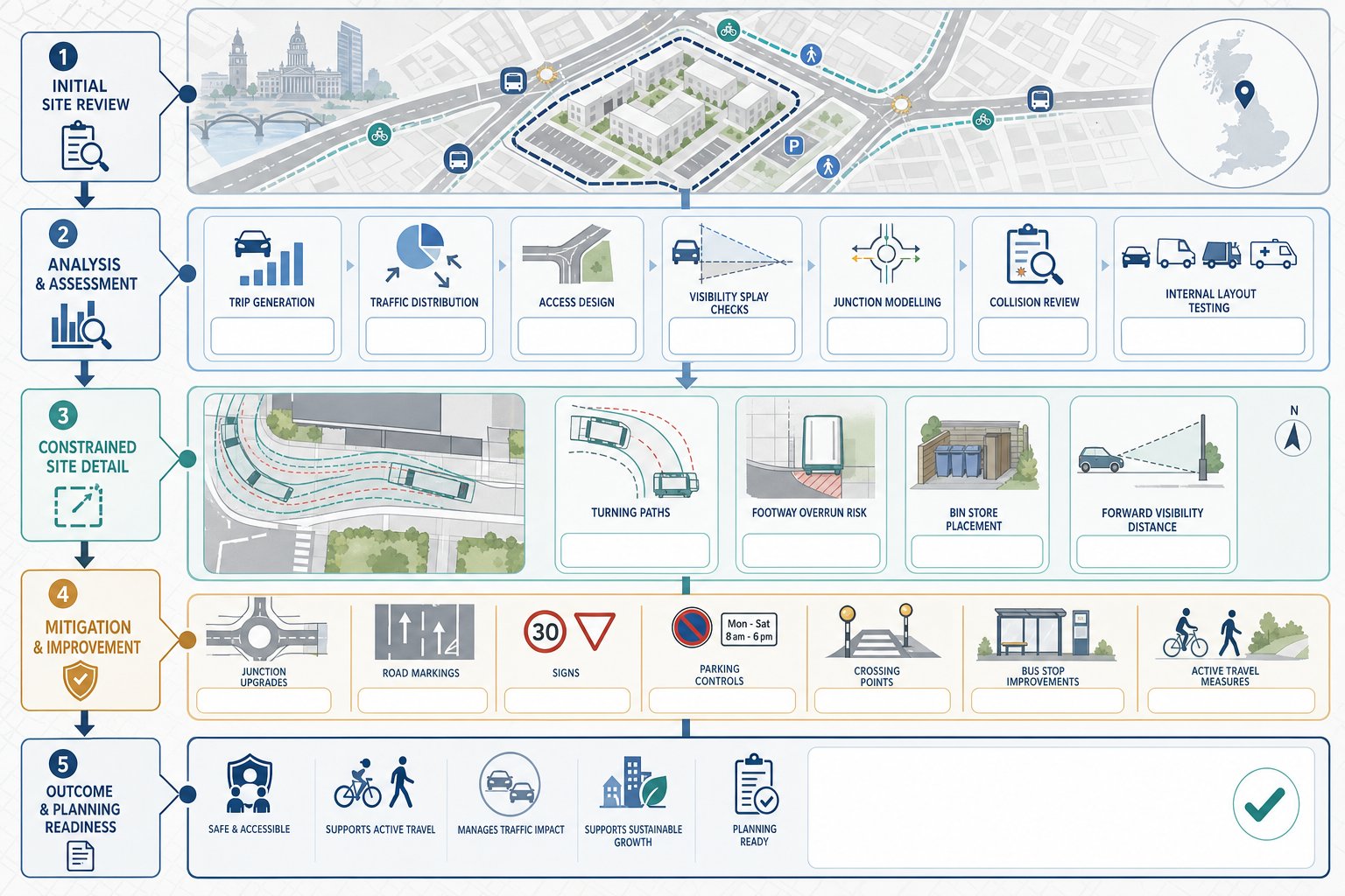 Infographic of traffic engineering steps for Leeds planning and development.