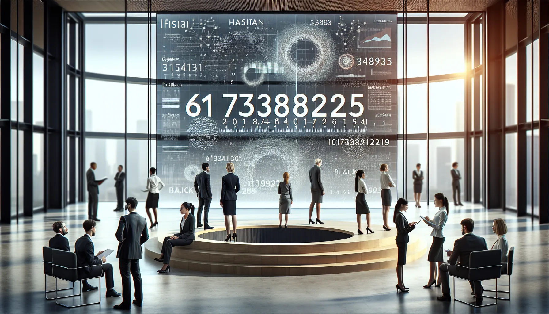 professionals discussing the significance of the number 61738381215 in a modern office.