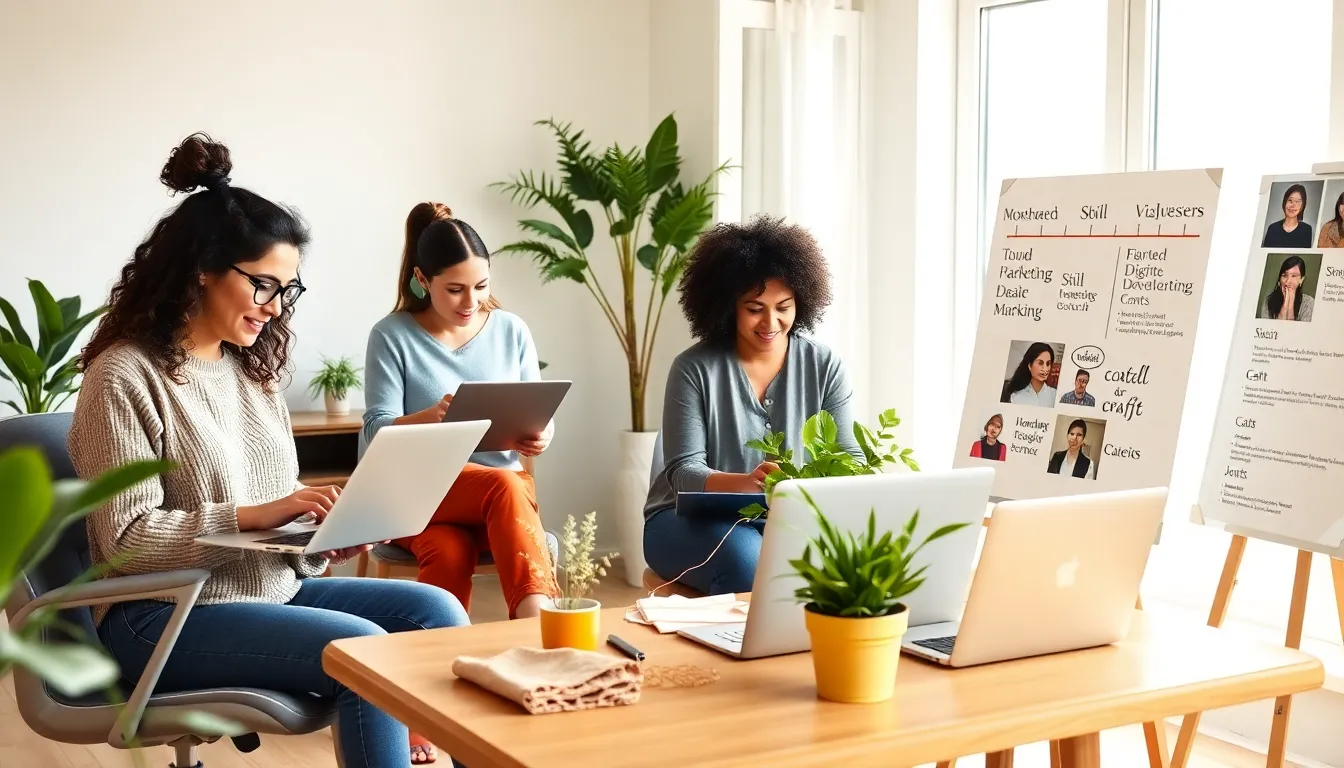 moms working on various side hustles in a bright home office.