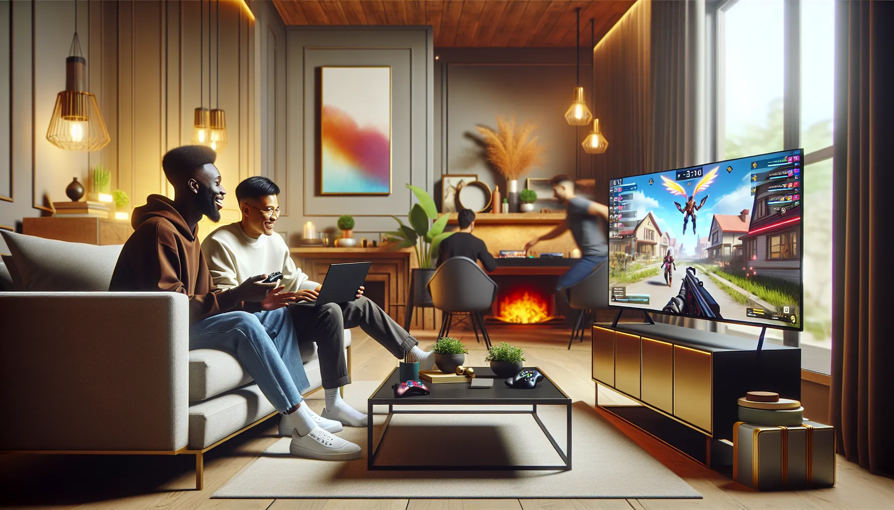 friends enjoying a slot game in a cozy living room.