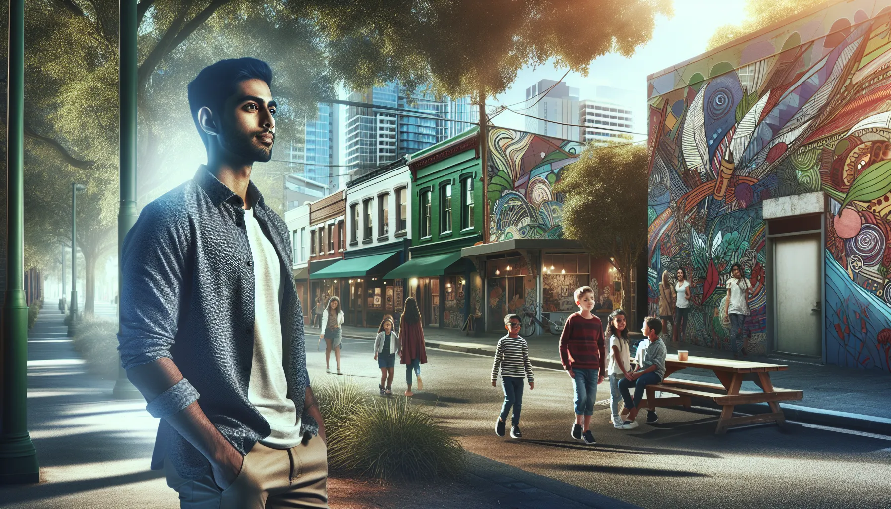 Young man in a vibrant urban neighborhood representing creativity and ambition.