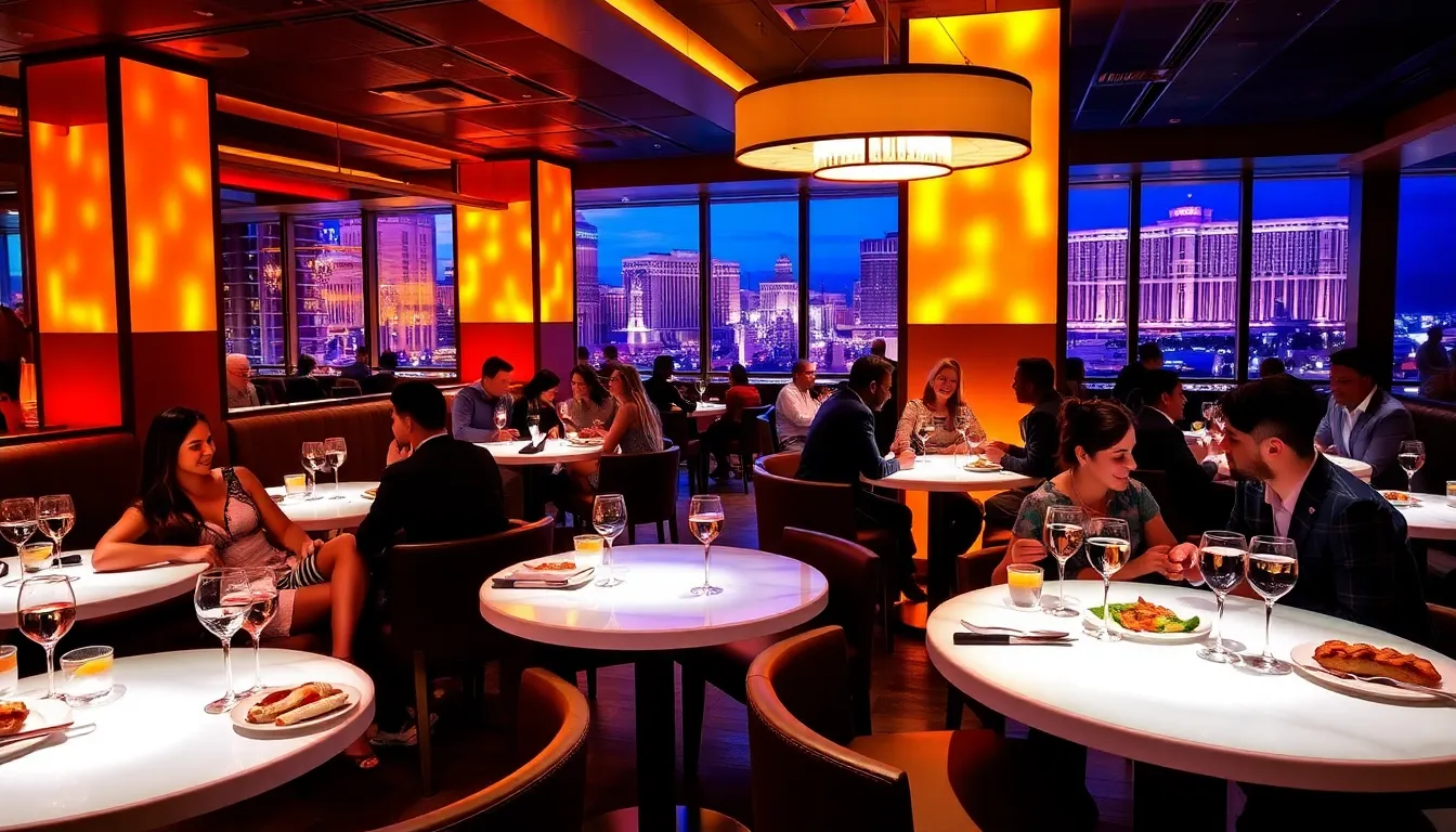 diverse patrons enjoying dinner in a warm, modern restaurant setting.