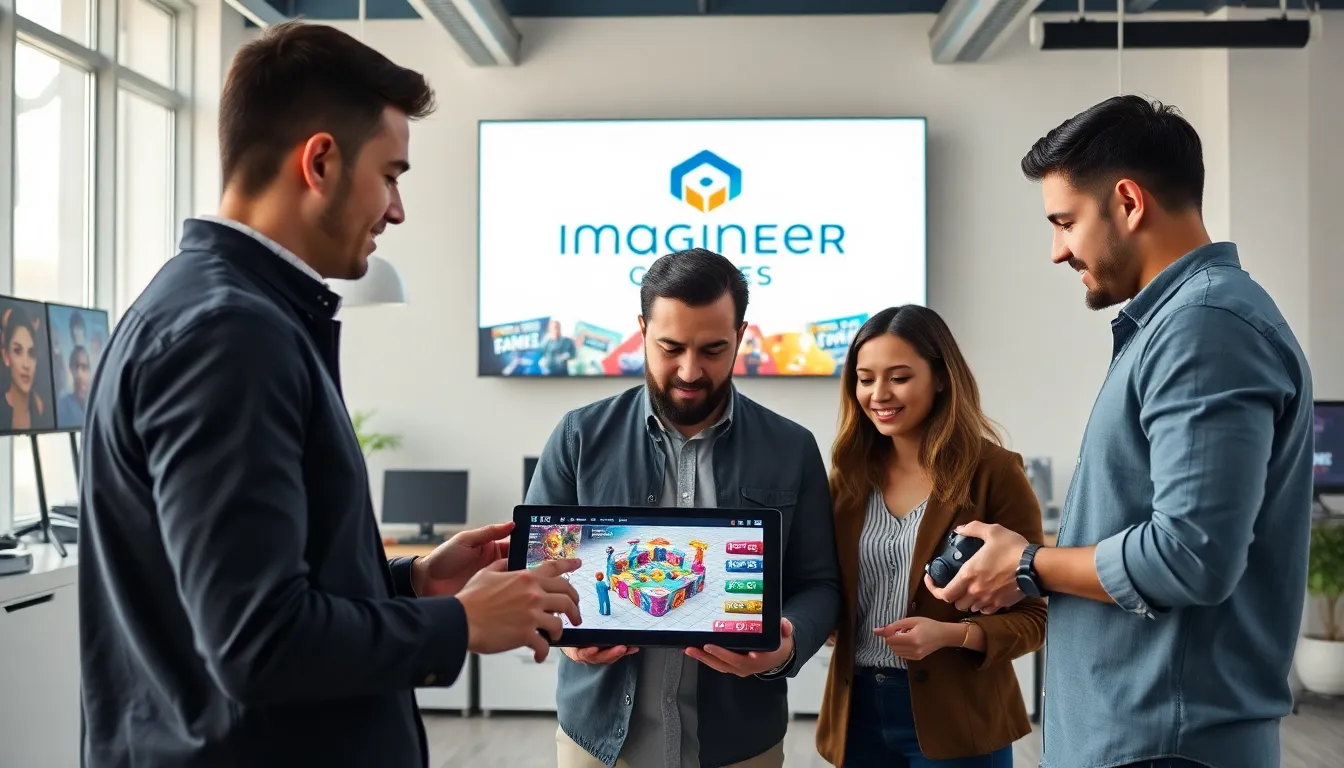 diverse team collaborating in a modern office for a game development company.