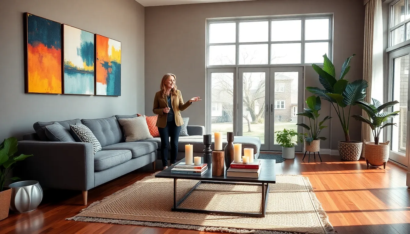 an interior designer showing a stylish living room to a potential buyer.