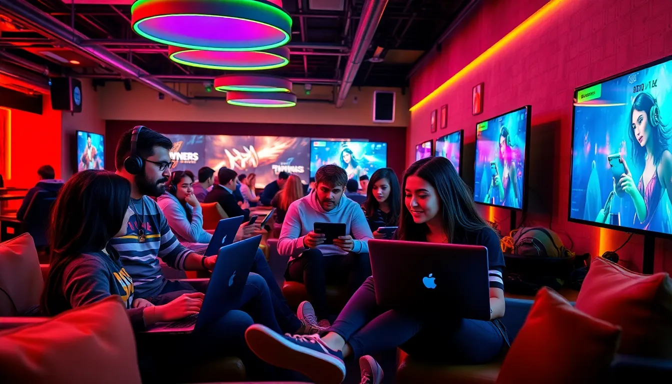 diverse group of young adults gaming in a modern lounge setting.