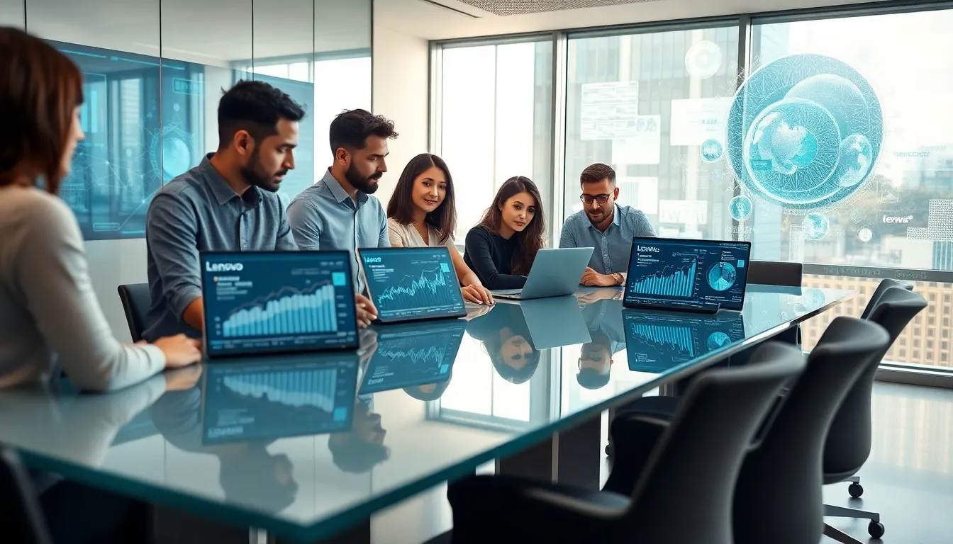 diverse team collaborating on Lenovo AI technologies in a modern office.