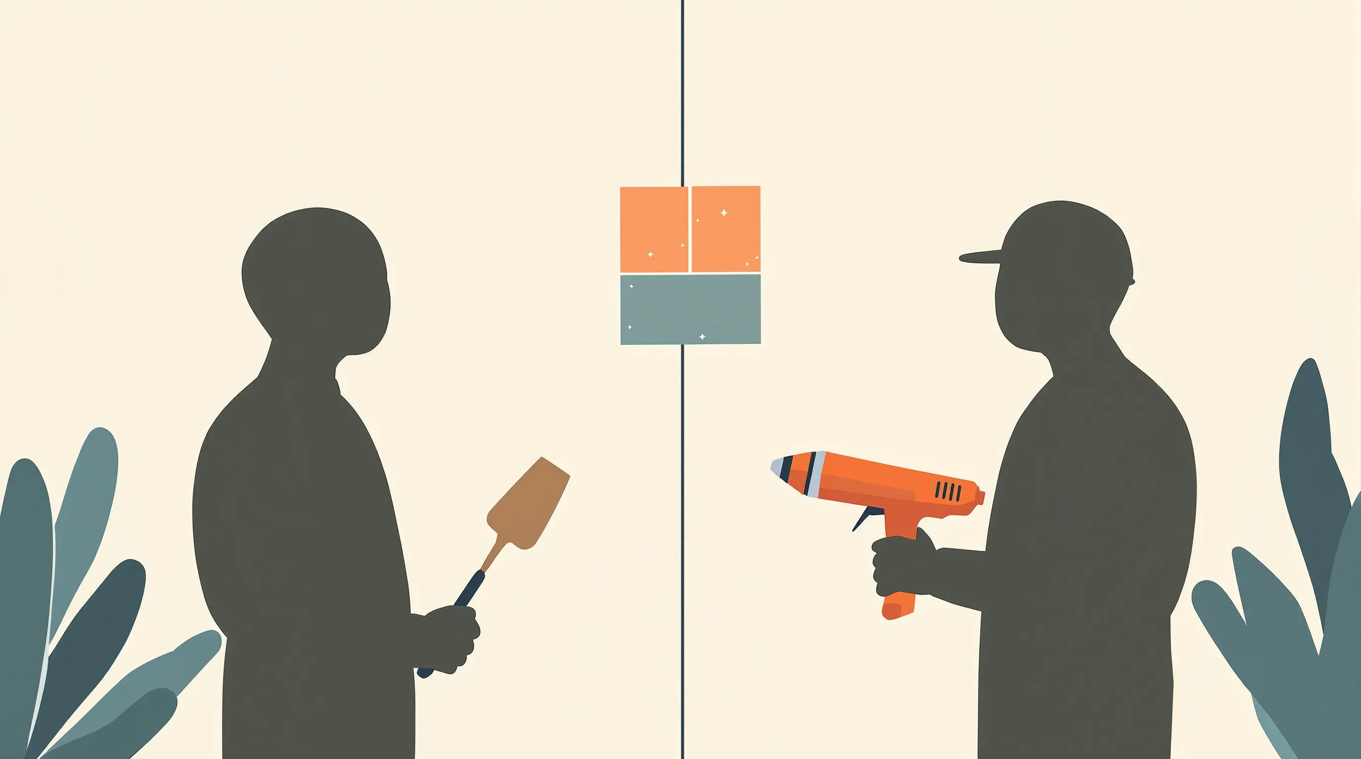 Two simplified figures discussing construction methods with trowel and foam gun between them.