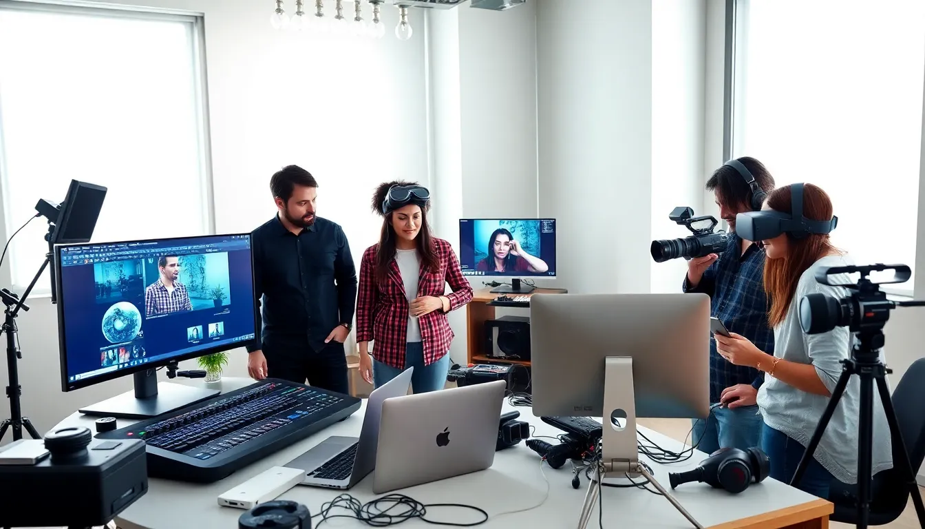 diverse team collaborating in a modern art studio setting.