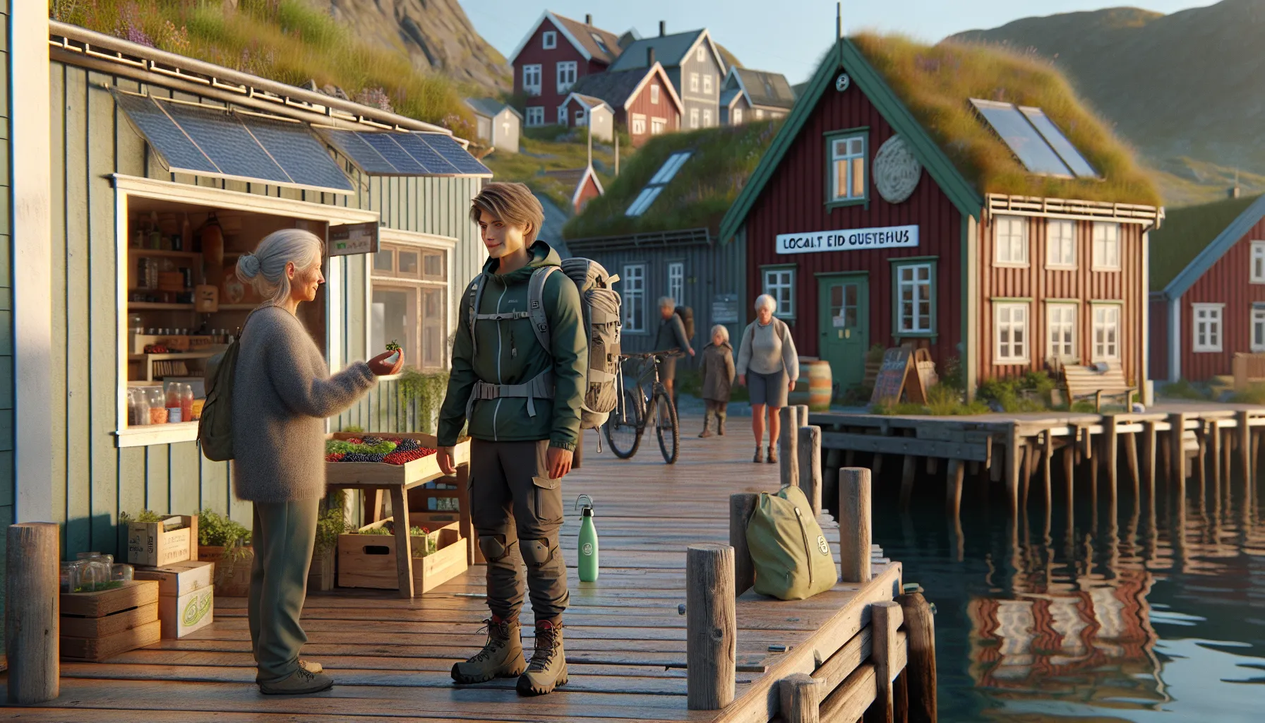 Traveler in a norwegian fjord village supporting local market and low-impact transport.