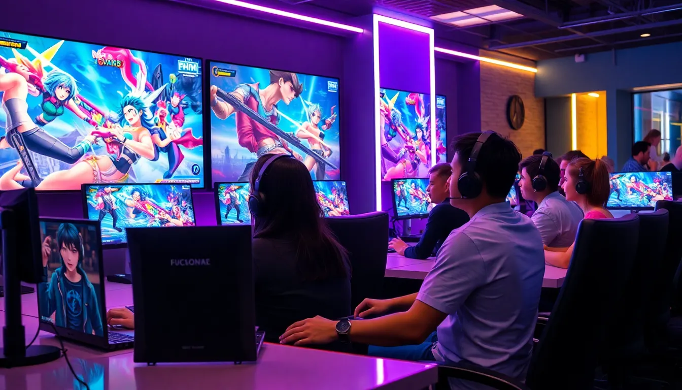 diverse gamers immersed in an anime MOBA gaming session.