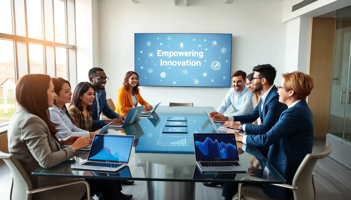 diverse professionals discussing technology solutions in a modern office.